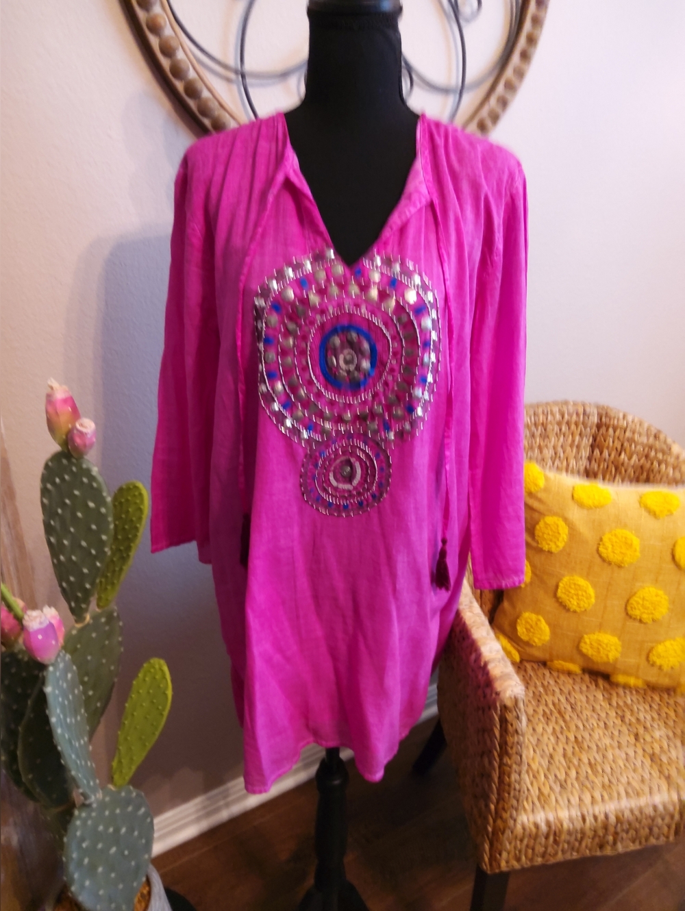 Embellished V-Neck Swimsuit Cover-up in Bright Pink